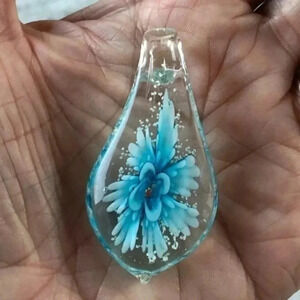 Aqua Blue GLOW IN THE DARK Murano Glass Teardrop Necklace Pendant NWT